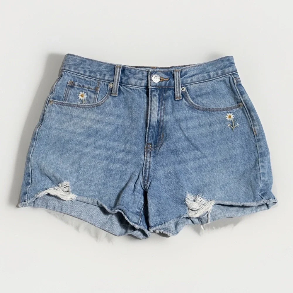Daisy Embroidered Denim Shorts 12 Distressed Adjustable Waist Cottagecore Boho